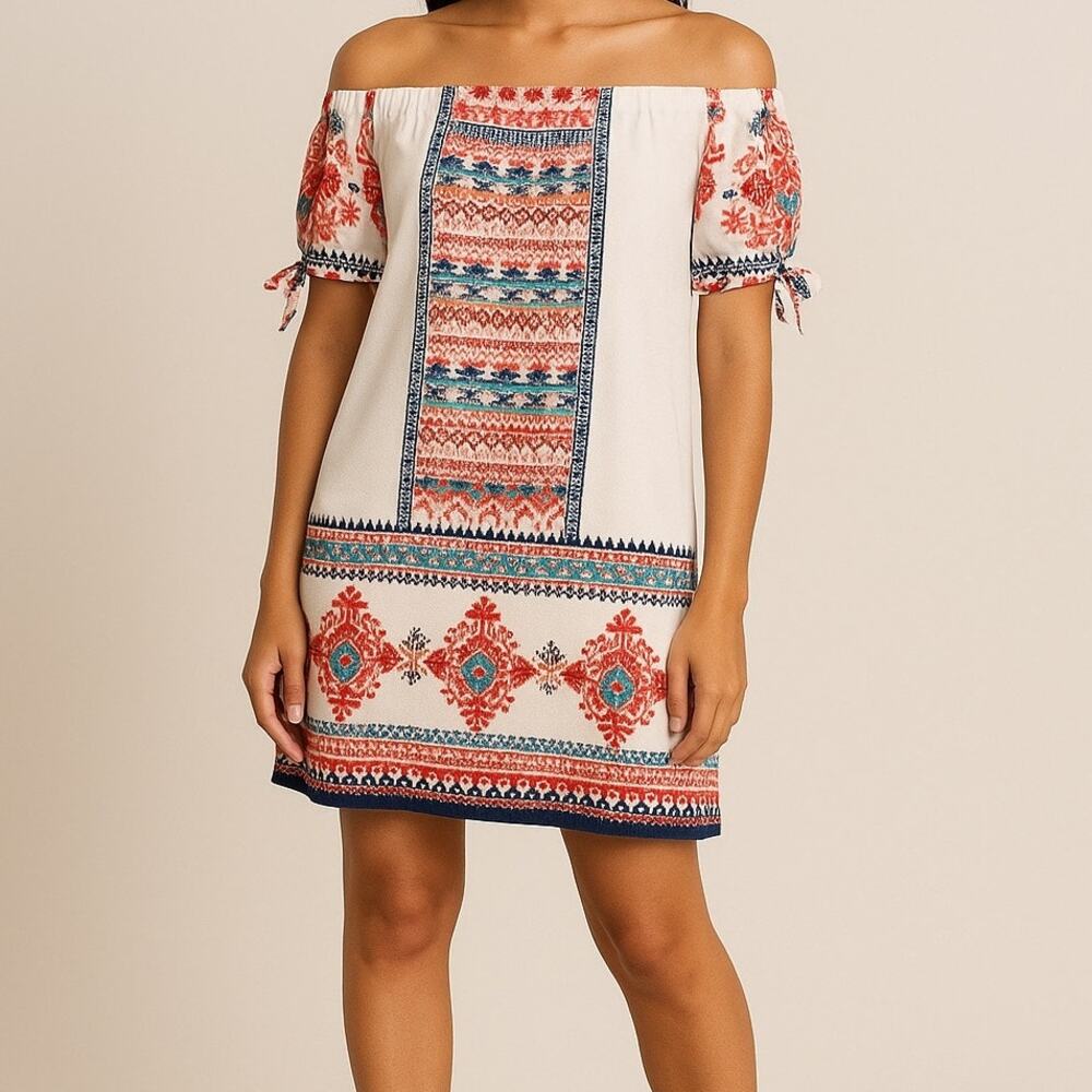 Monteau Multicolor Off Shoulder Mini Shift Dress Size M Damask Print Bohemian